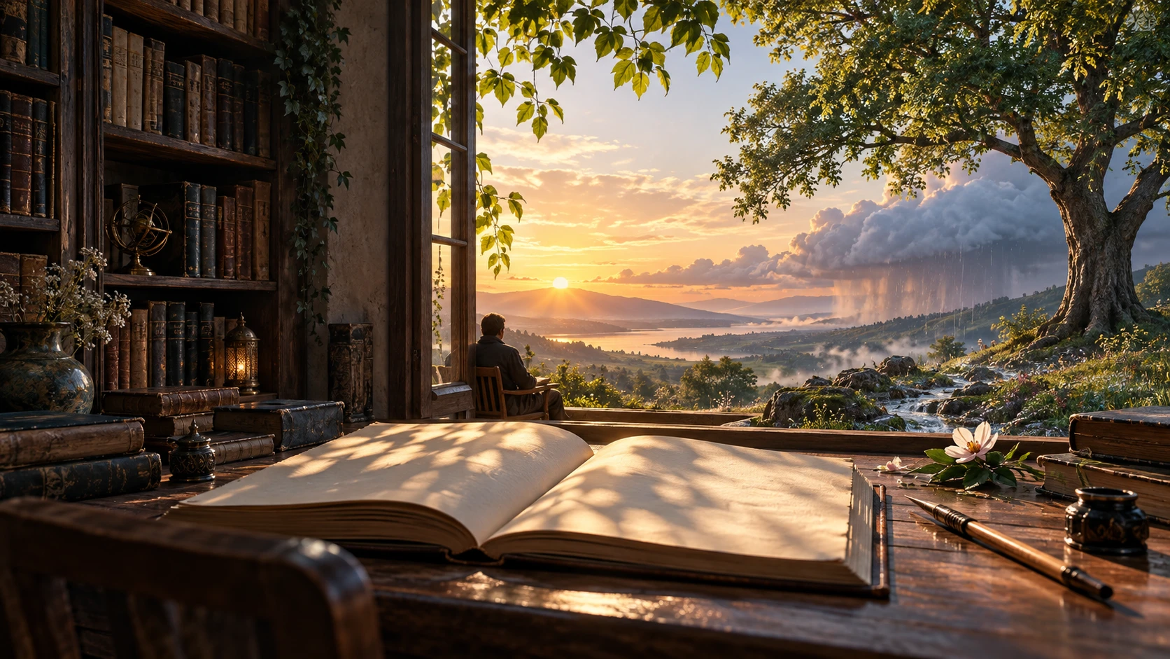 Aufgeschlagenes Buch auf einem Schreibtisch vor einem offenen Fenster mit Blick auf Sonnenuntergang, See, Baum und Regenwolke