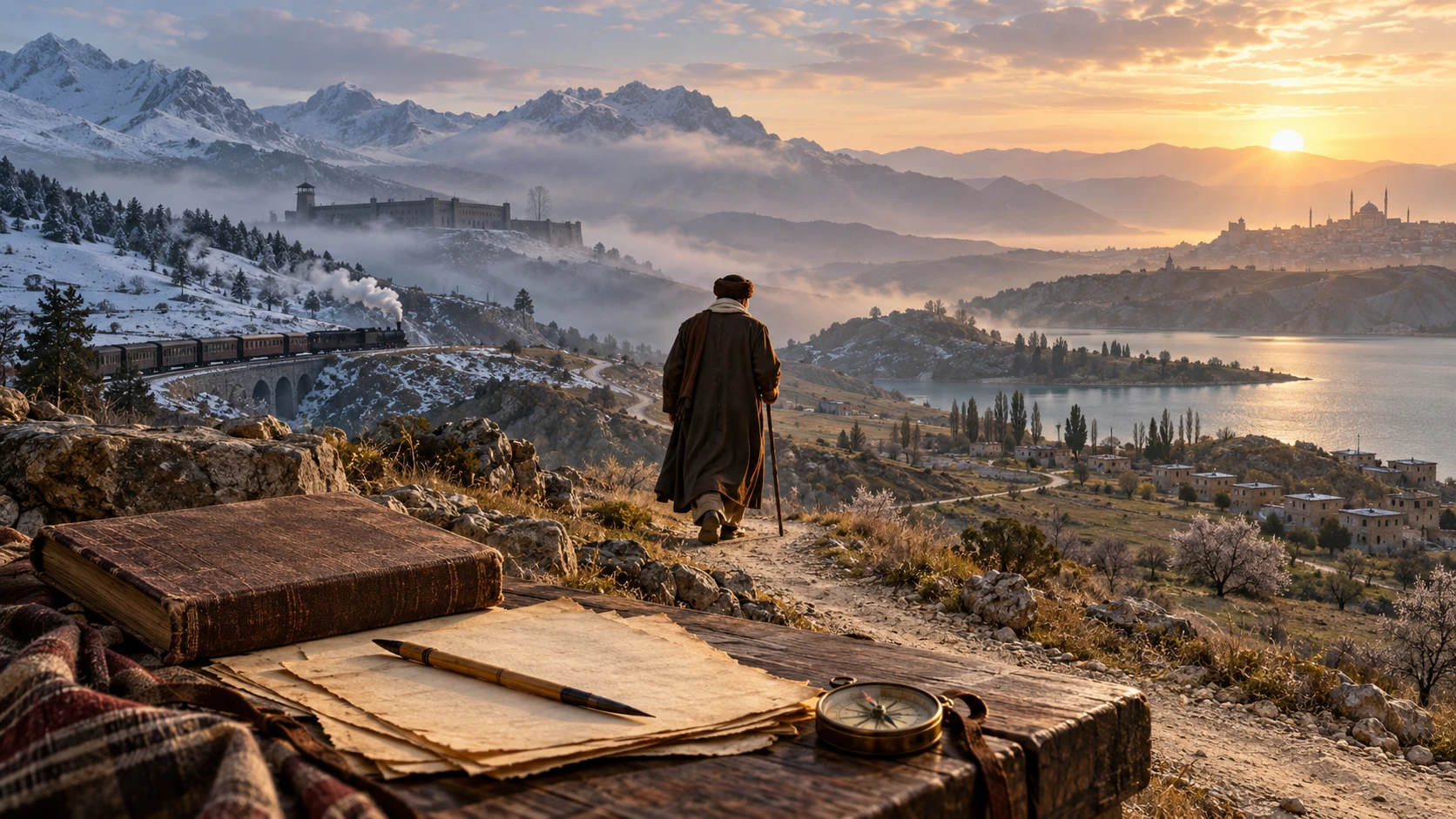 Wanderer mit Stab auf einem Bergpfad über Dampfzug, Festung, See und Stadt mit Moschee bei Sonnenaufgang